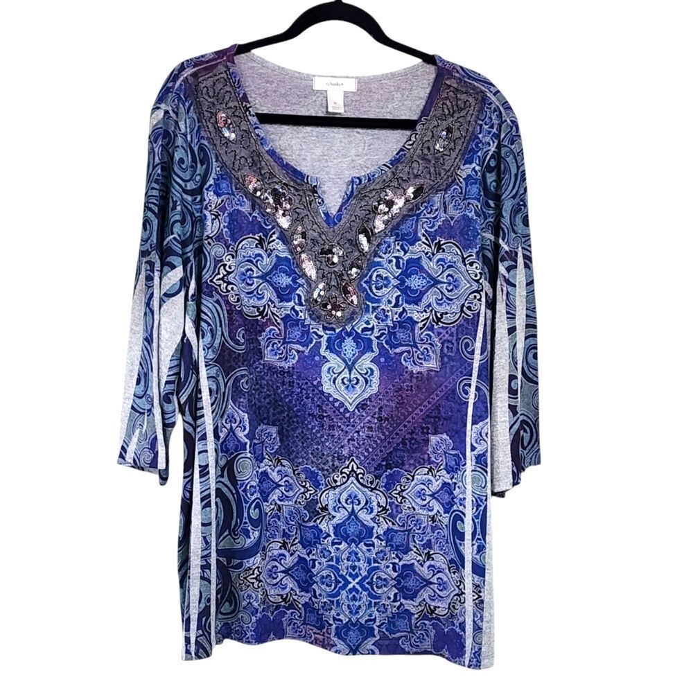 Cj Banks top 3X  gray & purple floral paisley sequin beaded neck blouse mature